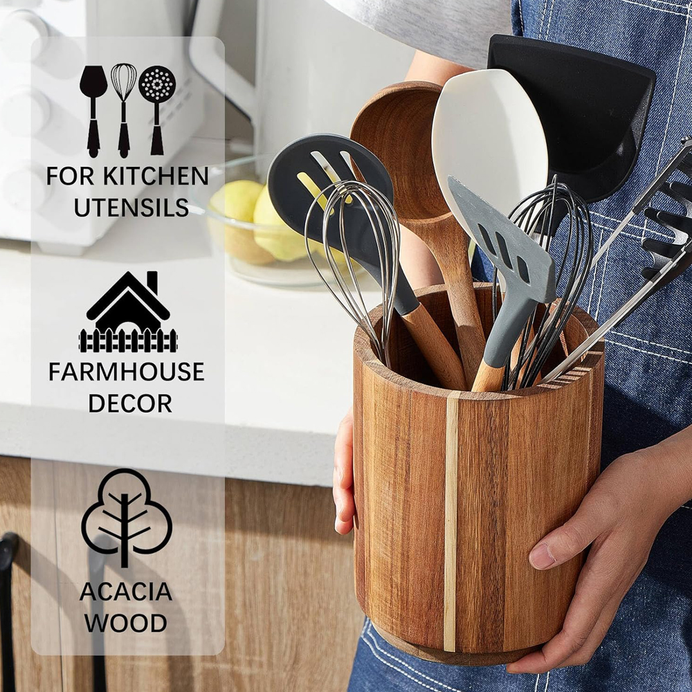 Acacia Wood Utensil Holder for - Kitchen Utensils incelemesi ve fiyatı